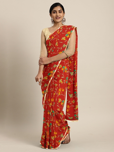 

KALINI Red & Yellow Pure Chiffon Floral Printed Saree