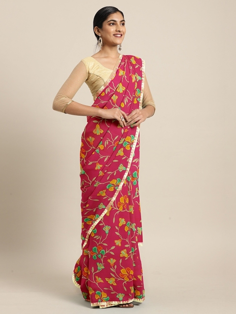 

KALINI Pink & Yellow Pure Chiffon Floral Printed Saree