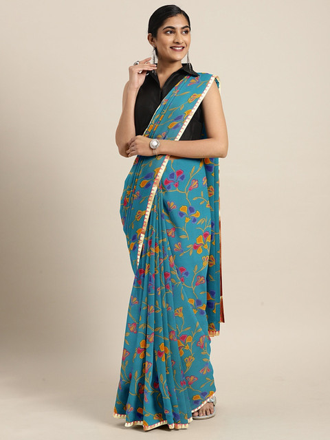

KALINI Blue & Yellow Pure Chiffon Floral Printed Saree