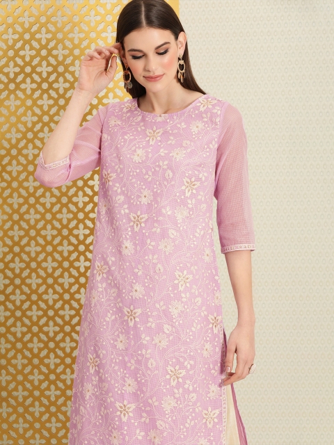 

House of Pataudi Women Lavender Floral Printed Kurta