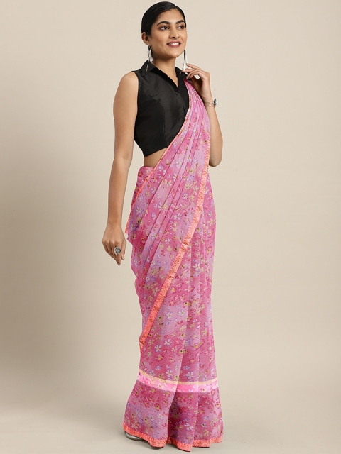 

KALINI Pink & Yellow Poly Georgette Floral Printed Saree