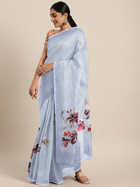 

KALINI Blue & Red Organza Floral Printed Saree
