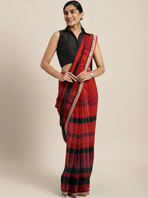 

KALINI Red & Black Poly Georgette Striped Saree with Zari Border