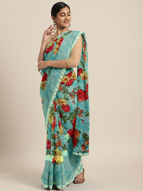 

KALINI Blue & Cream-Coloured Poly Georgette Printed Saree