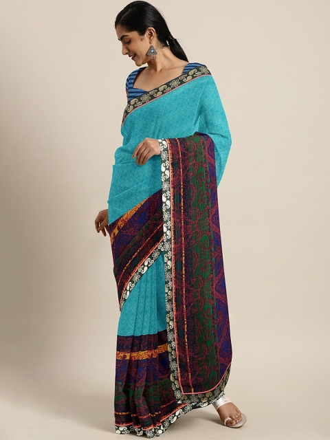 

KALINI Blue & Green Poly Georgette Printed Saree with Zari Border