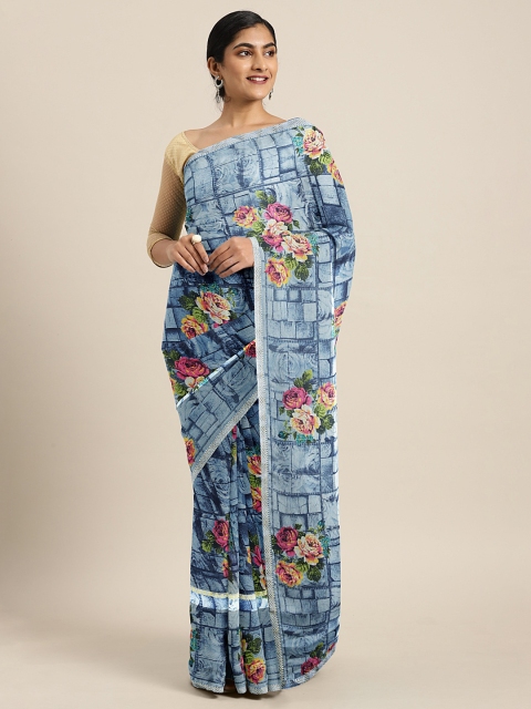 

KALINI Blue & Grey Poly Georgette Floral Printed Saree