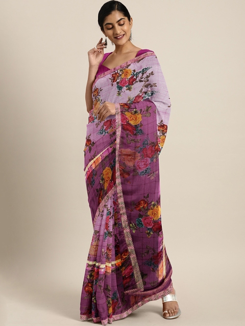 

KALINI Purple & Green Poly Georgette Floral Printed Saree