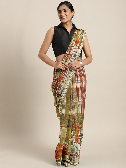 

Mitera Olive Green Printed Poly Georgette Saree
