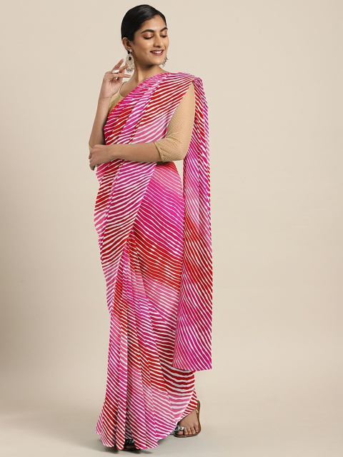 

KALINI Pink & Red Poly Georgette Leheriya Printed Saree
