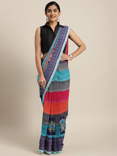 

Mitera Multicoloured Striped Poly Georgette Saree, Multi