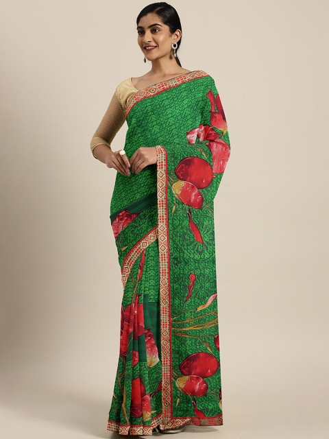 

KALINI Green & Red Poly Georgette Floral Printed Saree