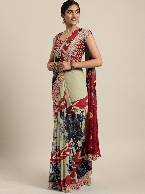 

KALINI Beige & Red Poly Georgette Printed Saree