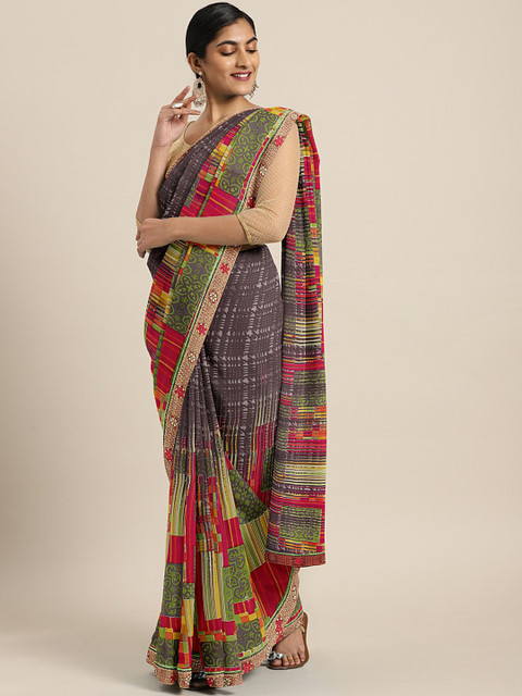 

KALINI Brown & Red Poly Georgette Printed Saree