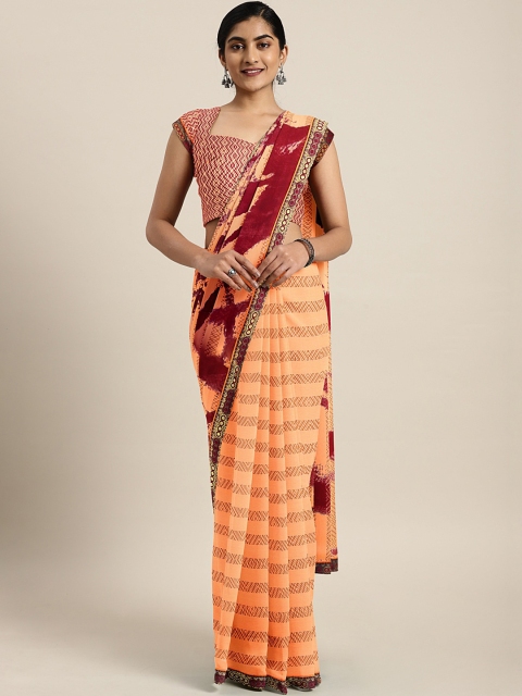 

KALINI Peach-Coloured & Maroon Poly Georgette Striped Saree
