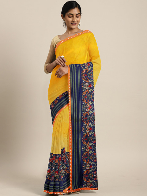 

Mitera Yellow Striped Poly Georgette Saree