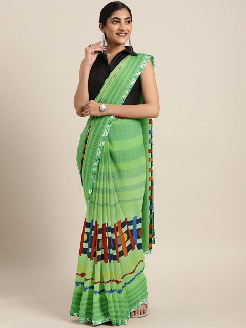

KALINI Green Striped Poly Georgette Saree