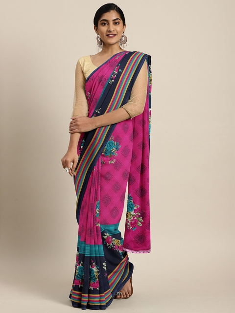 

KALINI Pink & Navy Blue Poly Georgette Floral Printed Saree