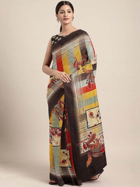 

KALINI Brown & Mustard Yellow Poly Georgette Floral Printed Saree