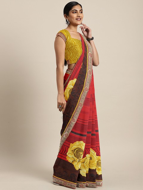 

KALINI Red & Brown Poly Georgette Floral Printed Saree