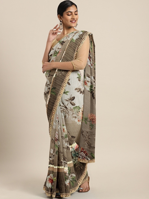 

KALINI Brown & Beige Poly Georgette Floral Printed Saree