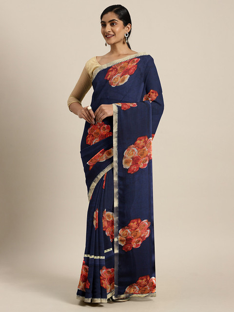 

KALINI Navy Blue & Orange Poly Georgette Floral Printed Saree