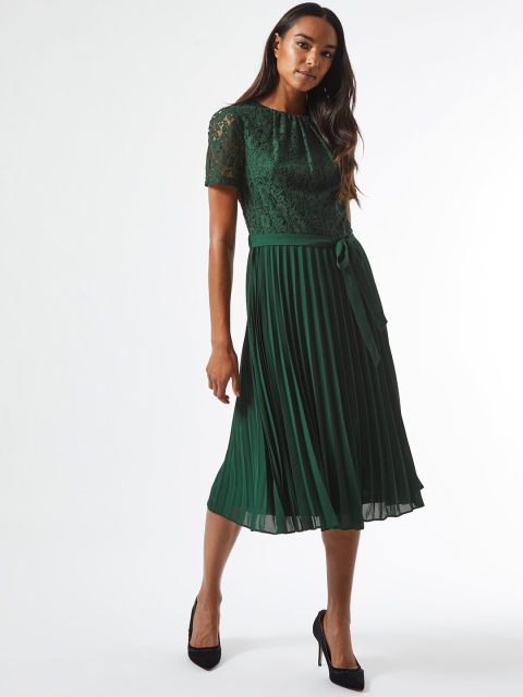 

DOROTHY PERKINS Women Green Lace Accordion Pleated A-Line Dress With Belt
