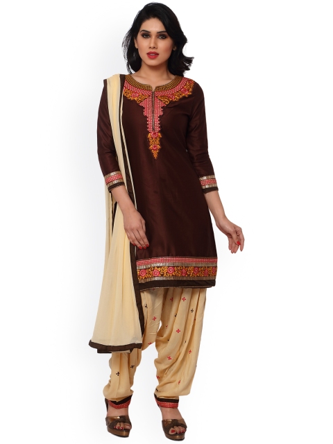 

Saree mall Brown & Cream-Coloured Embroidered Cotton & Satin Unstitched Dress Material