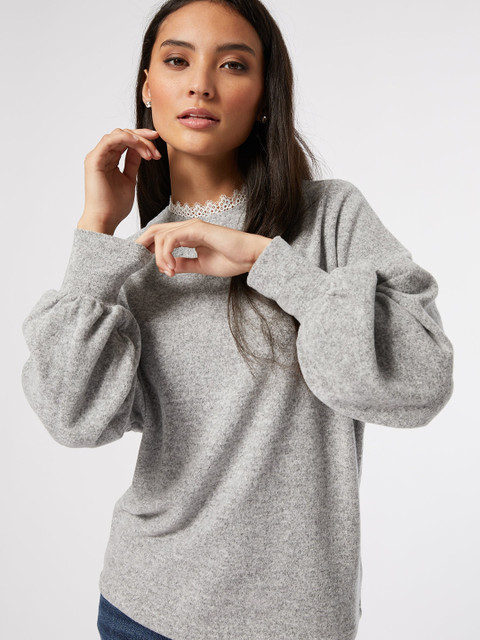 

DOROTHY PERKINS Petite Women Grey Melange Solid Sweatshirt