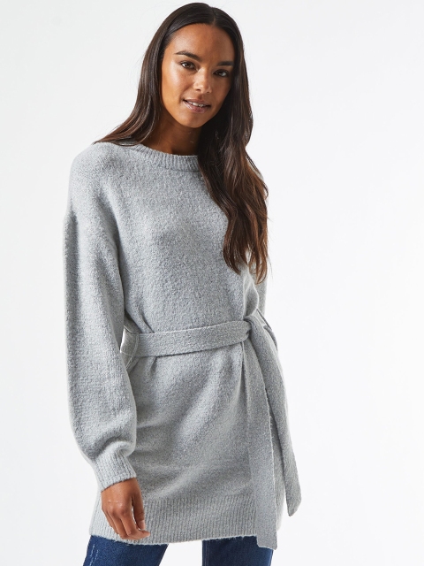 

DOROTHY PERKINS Women Grey Melange Solid Longline Pullover with Belt