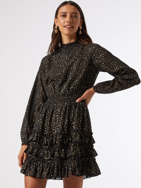 

DOROTHY PERKINS Women Black & Golden Tiered Printed A-Line Dress