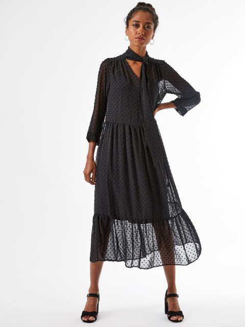 

DOROTHY PERKINS Women Black Petite Dobby Design Semi-Sheer Tiered A-Line Dress