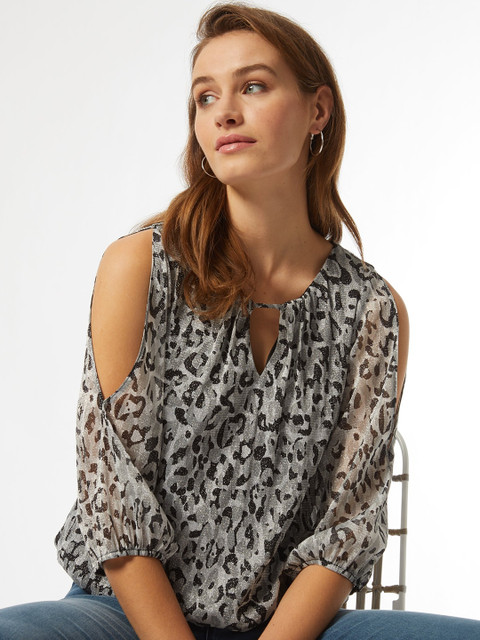 

DOROTHY PERKINS Women Off-White & Black Animal Print Cold-Shoulder Blouson Top