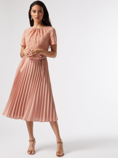 

DOROTHY PERKINS Petite Women Peach-Coloured Lace Accordion Pleated A-Line Dress