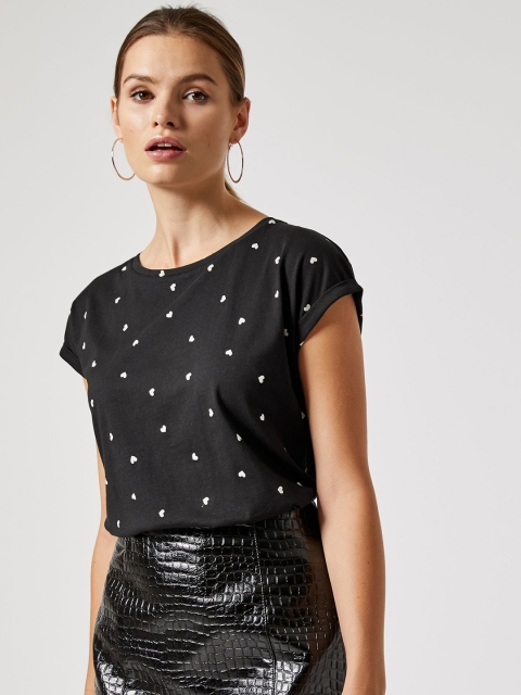 

DOROTHY PERKINS Women Black Organic Cotton Heart Print Round Neck T-shirt