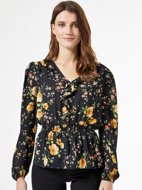 

DOROTHY PERKINS Women Black & Yellow Floral Print Cinched Waist Top