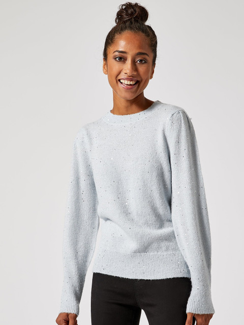 

DOROTHY PERKINS Women Blue Petite Sequinned Solid Pullover Sweater