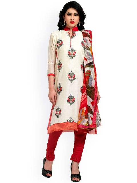 

Saree mall White & Red Printed Chanderi Cotton Unstitched Dress Material