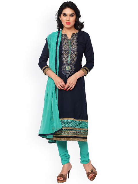 

Saree mall Navy & Green Embroidered Cotton Unstitched Dress Material, Navy blue