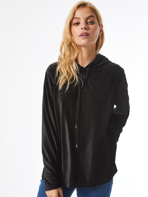 

DOROTHY PERKINS Women Petite Black Solid Hooded Sweatshirt with Velvet FInish