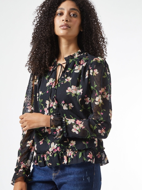 

DOROTHY PERKINS Women Navy Blue & White Floral Print Dobby Weave Top