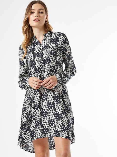 

DOROTHY PERKINS Women Black & White Houndstooth Print High-Low Shirt Dress