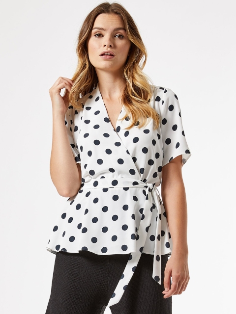 

DOROTHY PERKINS Women White & Black Polka Dot Print Wrap Top