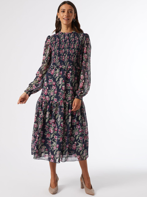 

DOROTHY PERKINS Women Navy Blue & Pink Floral Printed Tiered A-Line Dress