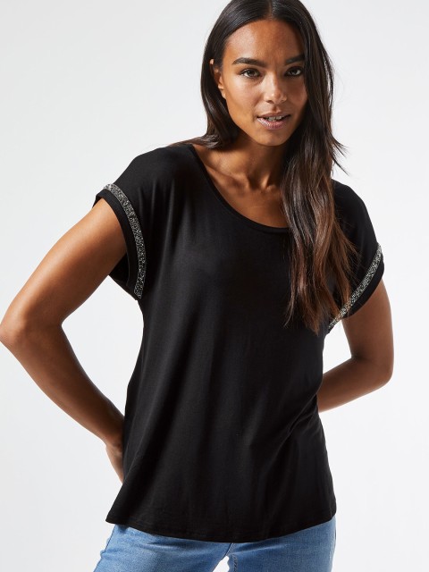 

DOROTHY PERKINS Women Black Solid Embellished Sleeve Detail Top