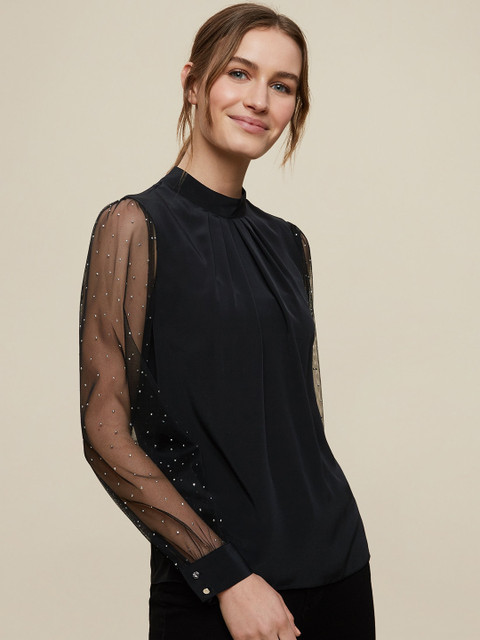 

DOROTHY PERKINS Women Black Solid Embellished Sleeve Top