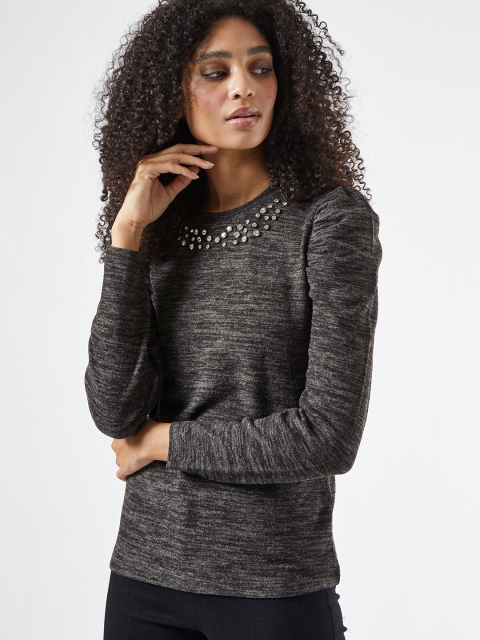 

DOROTHY PERKINS Women Grey Self-Design Jewel Neck Sweatshirt