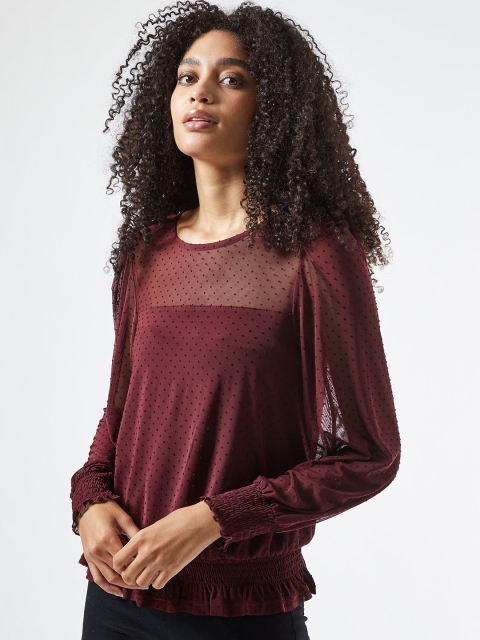 

DOROTHY PERKINS Women Maroon Self Design Dobby Weave Semi-Sheer Blouson Top