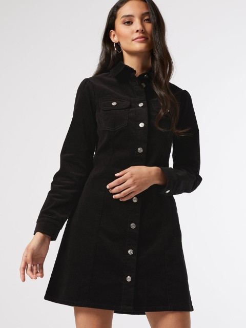 

DOROTHY PERKINS Women Black Petite Solid Corduroy Shirt Dress