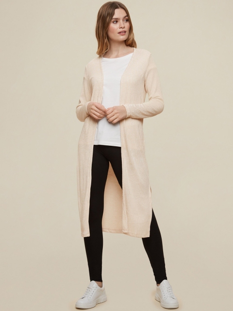 

DOROTHY PERKINS Women Beige Self-Striped Longline Front-Open Sweater