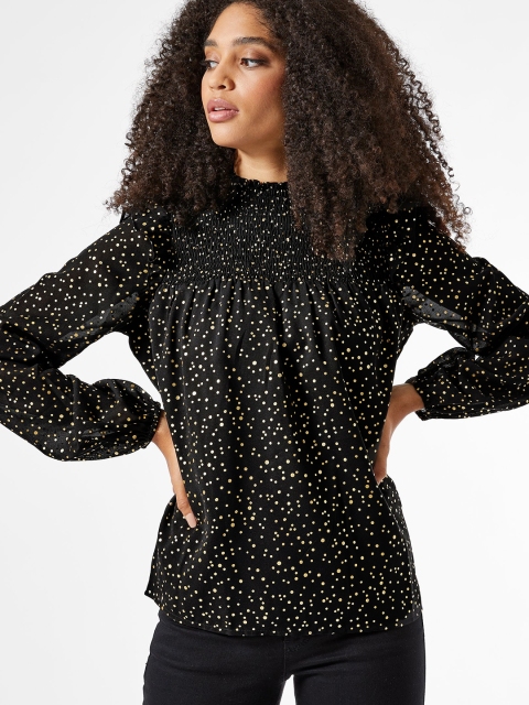 

DOROTHY PERKINS Women Black & Golden Polka Dots Printed Smocked Top